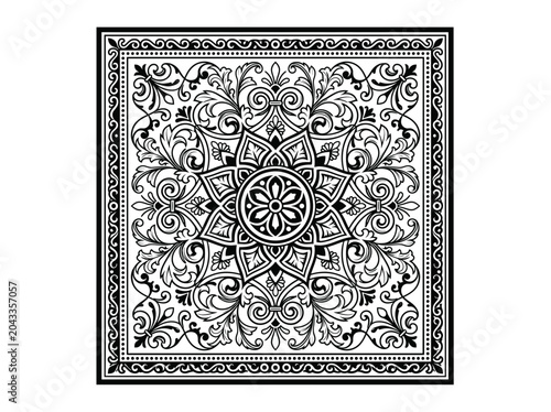 Seamless square pattern with floral mandala ornament in vintage style