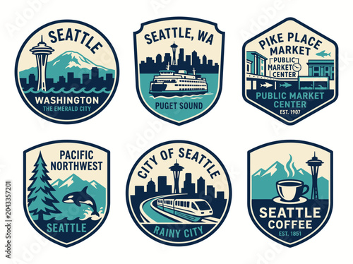 Set of seattle city travel emblems, badges and patches