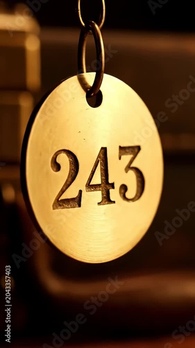 Golden metal number tag 243 hanging on chain.