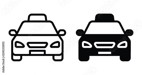 Two black taxi cab vehicle icons displayed in simple linear and solid silhouette graphic design styles