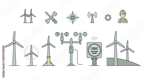 Photos Wind energy and turbine maintenance vector line icon set