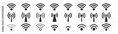 Wifi signal icons different levels of strength and transmission in black on transparent background for design.