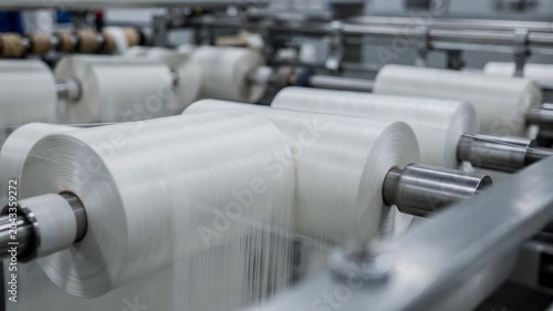 Closeup medium shot of polyester yarn winding on spools designed for conveyor belt production emphasizing smooth consistent fiber texture and industrial setup
