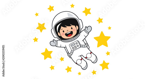 Happy child astronaut floating among stars