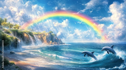 Paradise beach with rainbow and dolphins