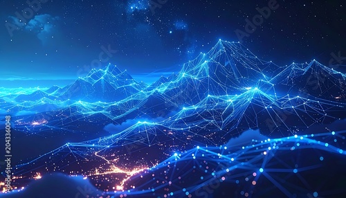 Futuristic mountain landscape with neon lights.