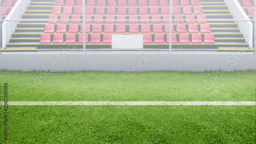 Cuadro en lienzo Green turf sports field with white line and blurry empty red stadium bleachers in the background