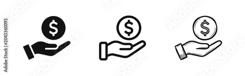 Fényképezés Hand Holding Money Dollar Coin Icon Set