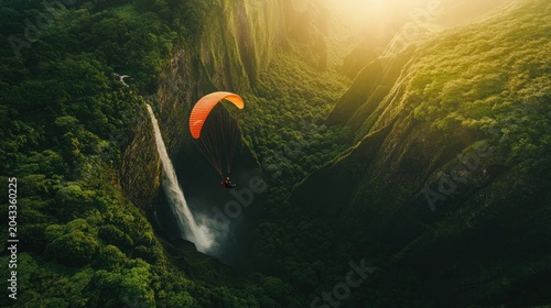 Paraglider over waterfall in lush valley