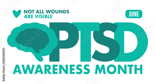 PTSD Awareness Month in June. Post Traumatic Stress Disorder. Celebrated annual in United States. Medical health care and awareness design. Poster, card, banner and background. Vector illustration