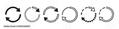 Dashed and solid line loading icon set with circular arrows showing various stages of progress and system sync.