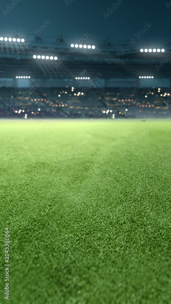 Obraz premium Vertical view of a lush green soccer field in a stadium at night, illuminated by bright floodlights with blurred stands