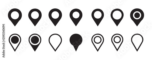 Obraz na płótnie Set of black map location pin icons in various styles for navigation and destination marking simple design