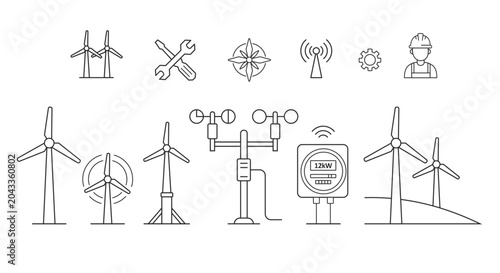 Tableau sur toile Wind energy and turbine maintenance outline line icons set