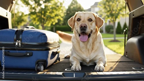 Labrador dog sitting in a car trunk next to a blue suitcase, summer vacation travel with pet.