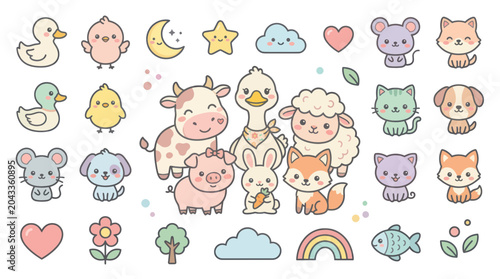 Canvas Print Cute Kawaii Farm Animals and Elements Collection