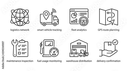 Set of logistics and fleet management line icons