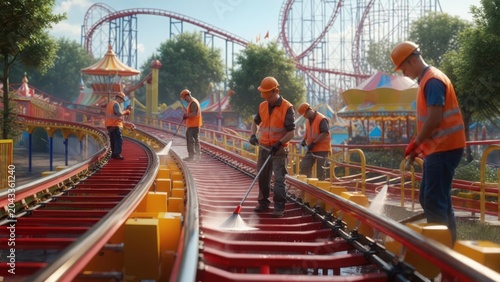 Park workers cleaning roller coaster tracks