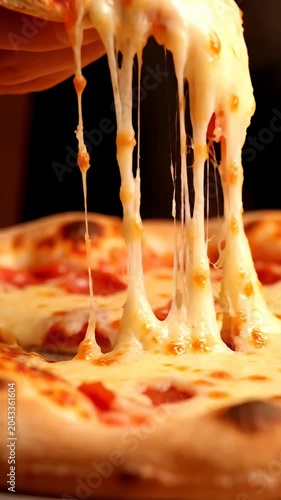 Hand pulling slice of pizza with melting cheese stretch.