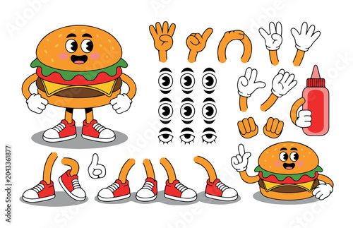 Foto Customizable cartoon hamburger character with various eyes, hands, and leg poses