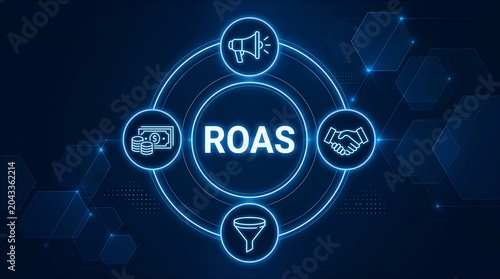 ROAS Return on Ads Spent in marketing concept with futuristic blue background. New