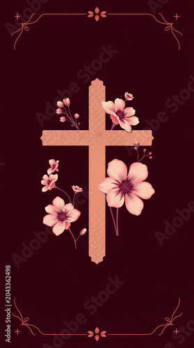 A decorative cross surrounded by pink flowers on a dark red background