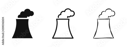 Fotografi Industrial Factory Cooling Tower Icon Set with Smoke for Pollution and Energy Co
