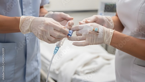Ultra-realistic image of nurse hands in hospital preparing indwelling central venous access, long-term catheter concept, clean procedure table, soft reflections, highly detailed clinical realism