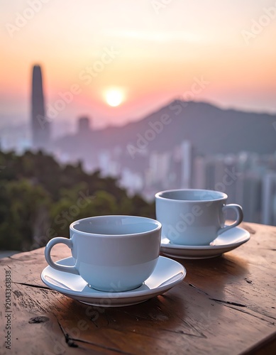 Coffee cups on wooden table overlooking city.