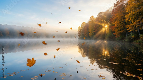 Φωτογραφία Autumn leaves floating on calm lake surface with misty sunrise and forest reflec