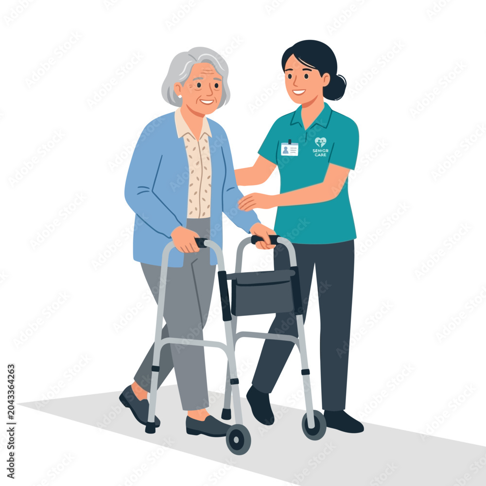 Obraz premium Caregiver helping elderly senior on walker for senior care art