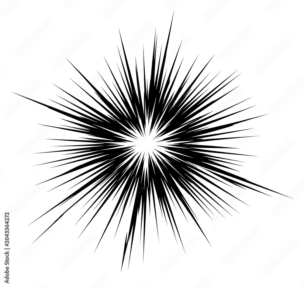 Obraz premium Dynamic black starburst explosion, sharp radial sunburst lines, comic book style blast effect, isolated monochrome flash element