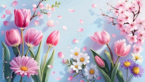 Pastel flowers on a light blue background