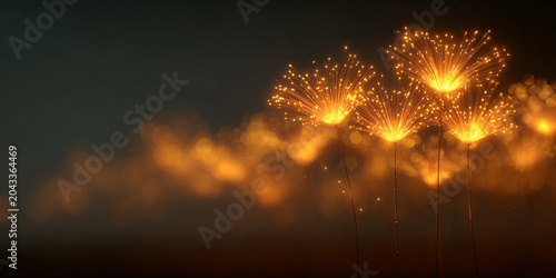 Abstract Dandelion Flowers Made of Glowing Golden Light Particles