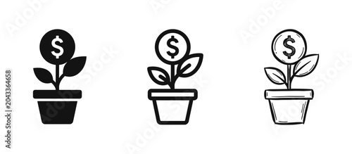 Εκτύπωση καμβά Money plant growing in a pot icon set representing financial growth and investme