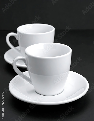 Two white coffee cups on saucers.