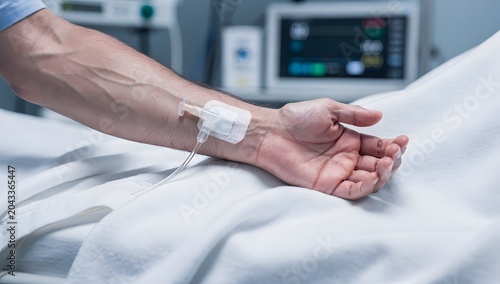 male patient lying in hospital while receiving peripheral IV catheter treatment, close-up of arm vein area, clean sheets, medical equipment.