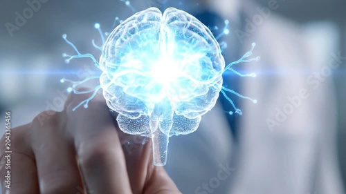 Medical professional touching a digital 3D holographic human brain, neurology and artificial intelligence concept, medical research and innovation.