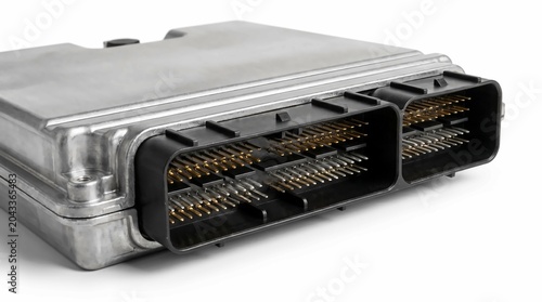 Metallic automotive electronic control unit featuring black plastic connectors with numerous gold plated metal pins