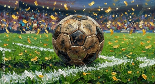 Golden World Cup Victory Concept with Soccer Ball and Falling Confetti in Oil Painting
