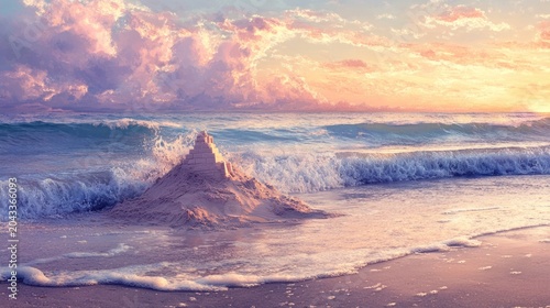 Pastel sandcastle at sunrise