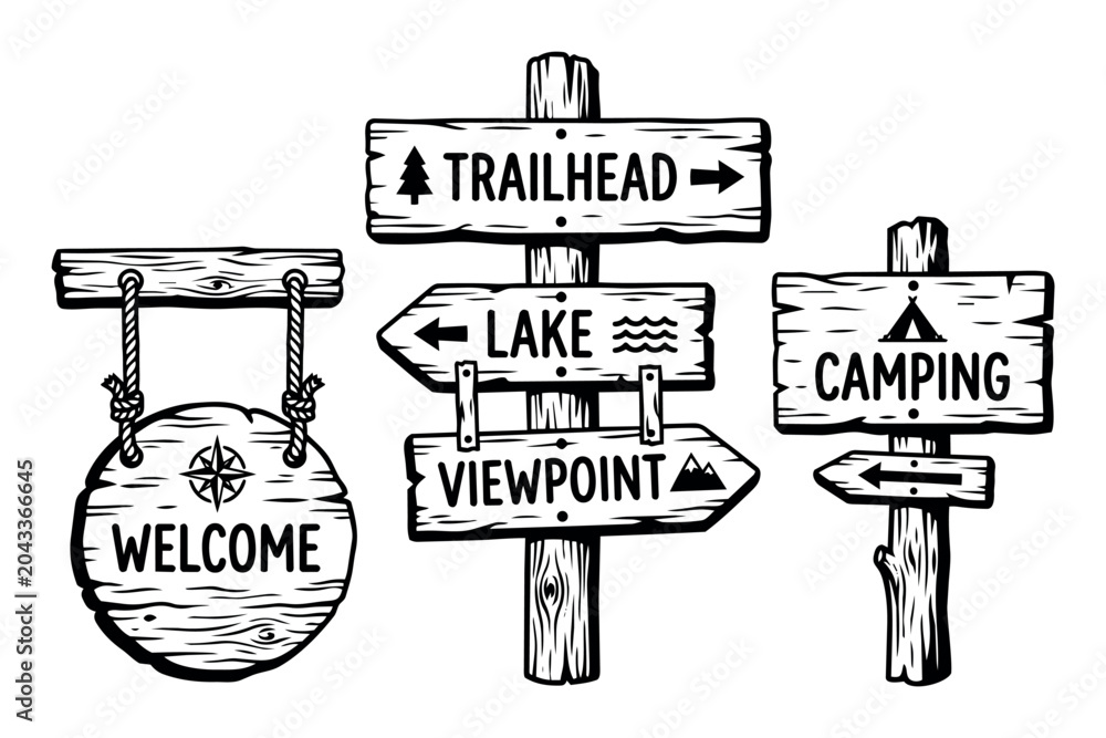 Fototapeta premium Wooden hand-drawn signs providing clear directions for outdoor adventure, welcoming visitors to popular natural destinations