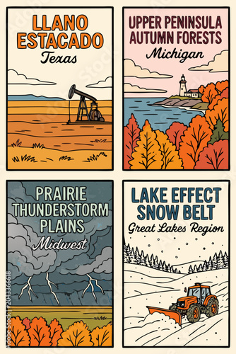 Cuadro en lienzo Vintage Travel Posters of American Regions: Texas Oil, Michigan Forests, Midwest