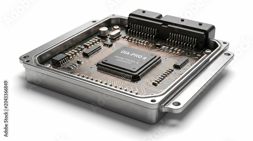 Advanced electronic engine control unit featuring a central microprocessor chip with intricate copper circuit board traces