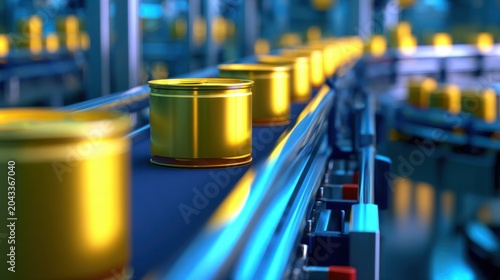 An assembly line featuring metallic cans in a factory setting, illuminated with blue tones