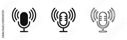 Cuadro en lienzo Retro Microphone Icon Set with Signal Waves for Podcast, Broadcasting, and Recor