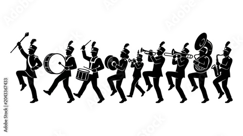 Bild auf Leinwand Marching Band Silhouette: Musicians Playing Instruments, Drum Major Leading