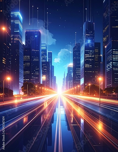 Cityscape at Night with Glowing Lights.