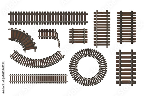 Diverse sections of train railway tracks showing straight, curved, and circular configurations