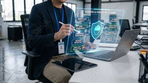 Professional safety manager interacting with a futuristic digital EHS health and safety dashboard interface